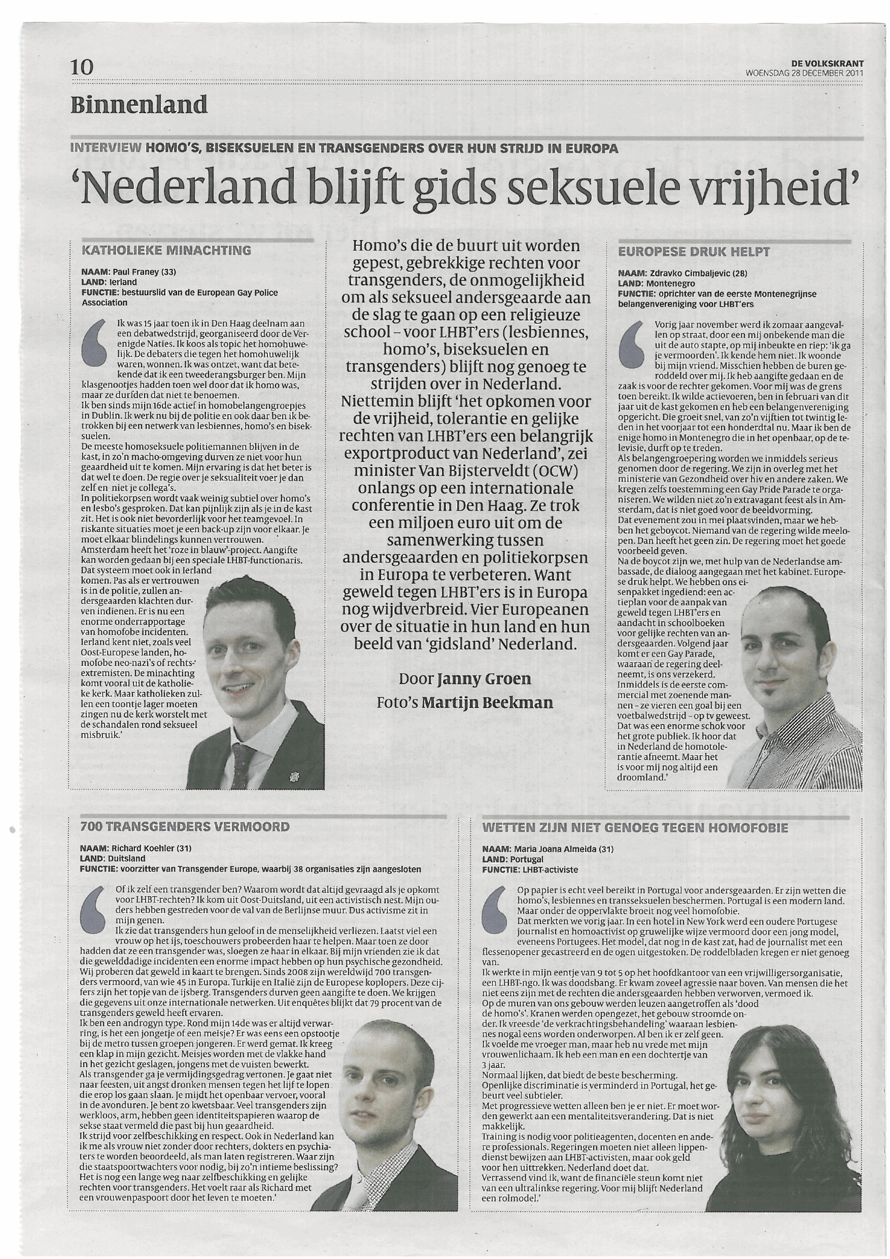 Artigo sobre viol�ncia contra pessoas LGBT na Europa no jornal holand�s 'De Volkskrant'